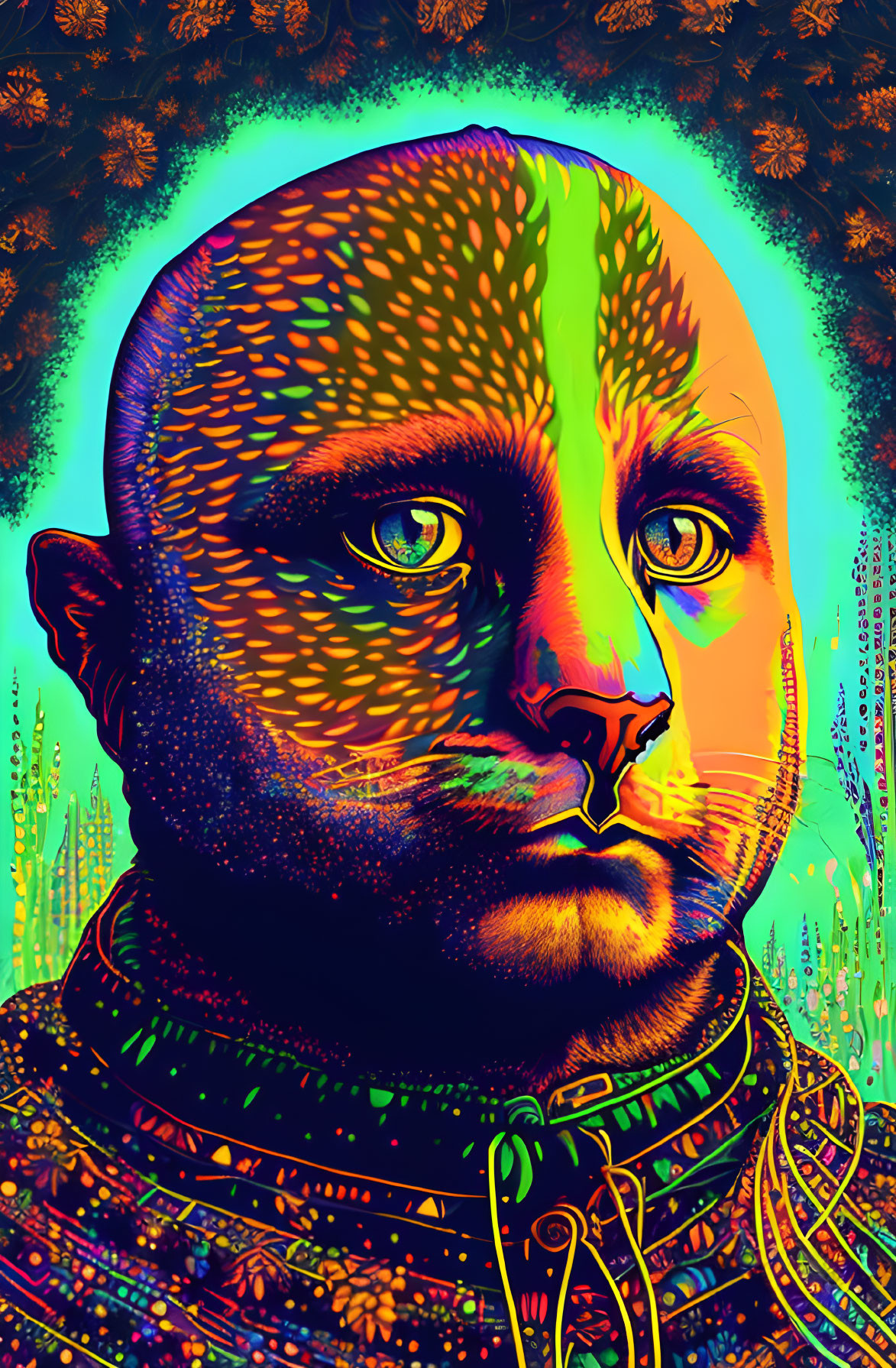 Colorful Digital Art: Human-Feline Fusion on Psychedelic Background