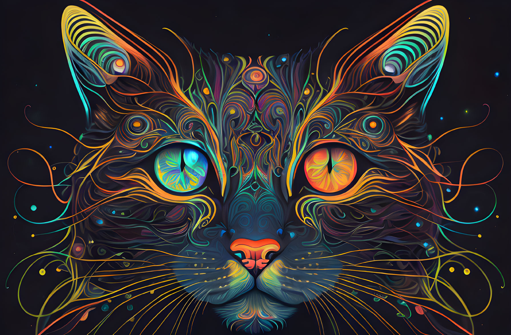 Colorful Cat Face Illustration with Intricate Patterns and Neon Colors