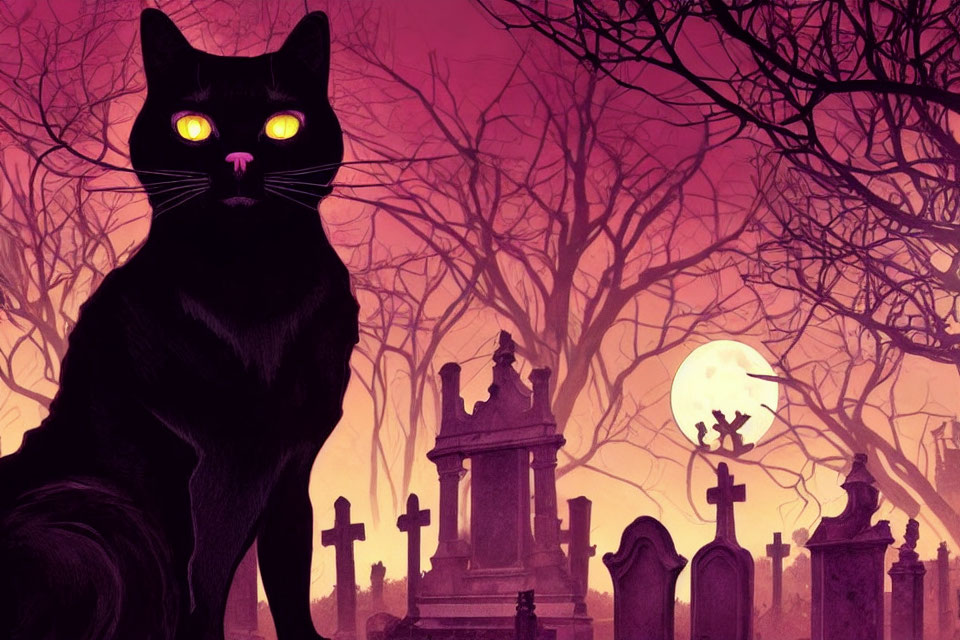 Black Cat with Glowing Eyes in Spooky Graveyard Setting