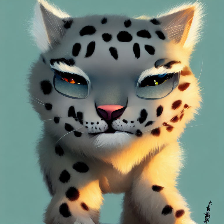 Stylized snow leopard illustration with captivating blue eyes