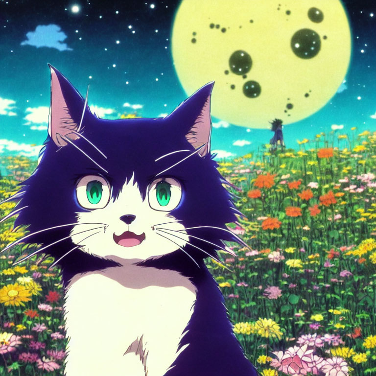 Black Cat with Green Eyes in Colorful Meadow Under Night Sky