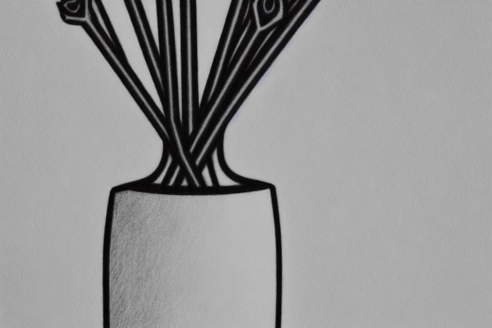 Monochrome sketch of vase with stylized stems.