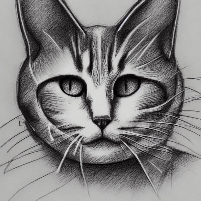 Detailed pencil sketch of a cat with prominent eyes, whiskers, and intricate fur patterns.