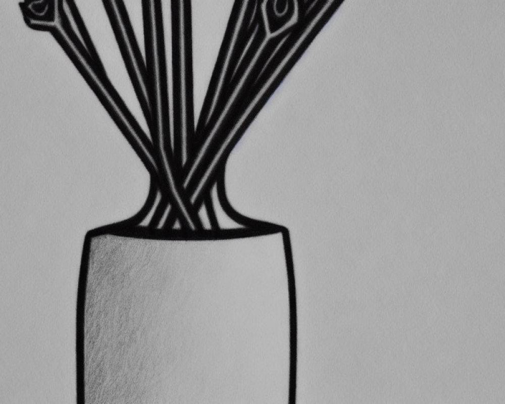 Monochrome sketch of vase with stylized stems.