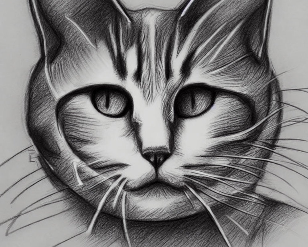 Detailed pencil sketch of a cat with prominent eyes, whiskers, and intricate fur patterns.