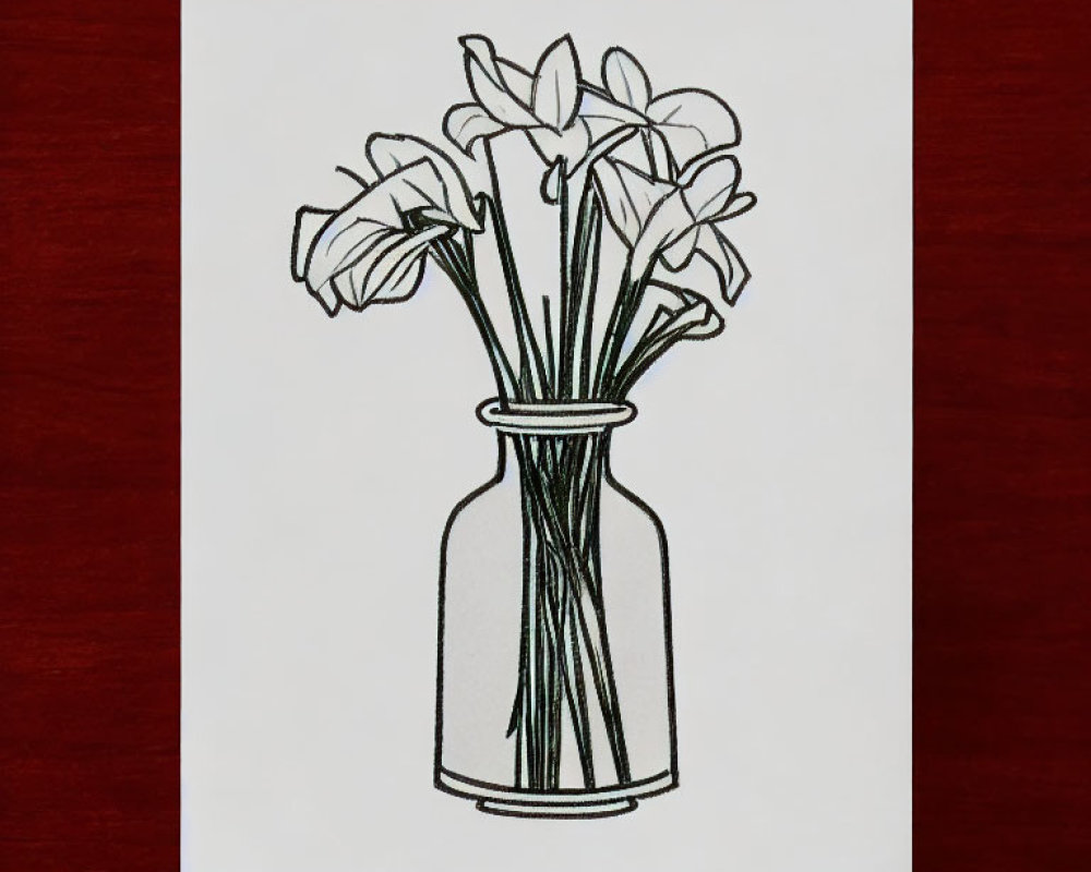 Flowers in Vase Line Drawing on Red Background