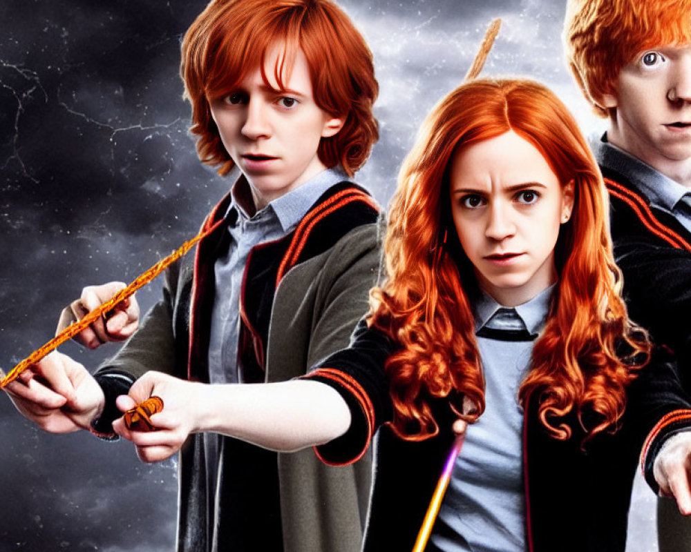 Three wizard-like figures in school uniforms with wands on cosmic background