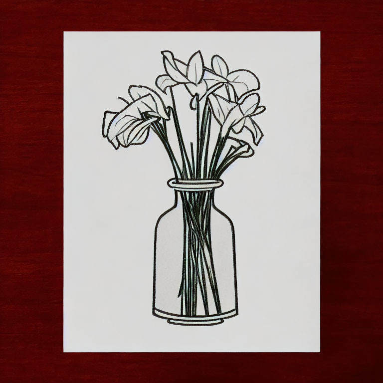 Flowers in Vase Line Drawing on Red Background