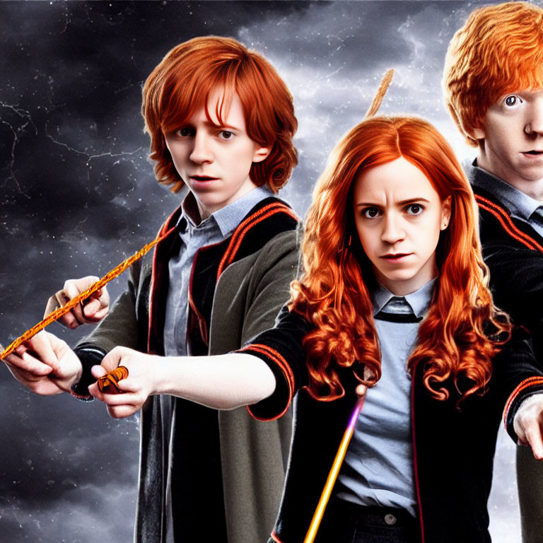 Three wizard-like figures in school uniforms with wands on cosmic background