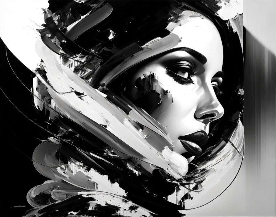 Monochrome abstract portrait of a woman with bold brush strokes