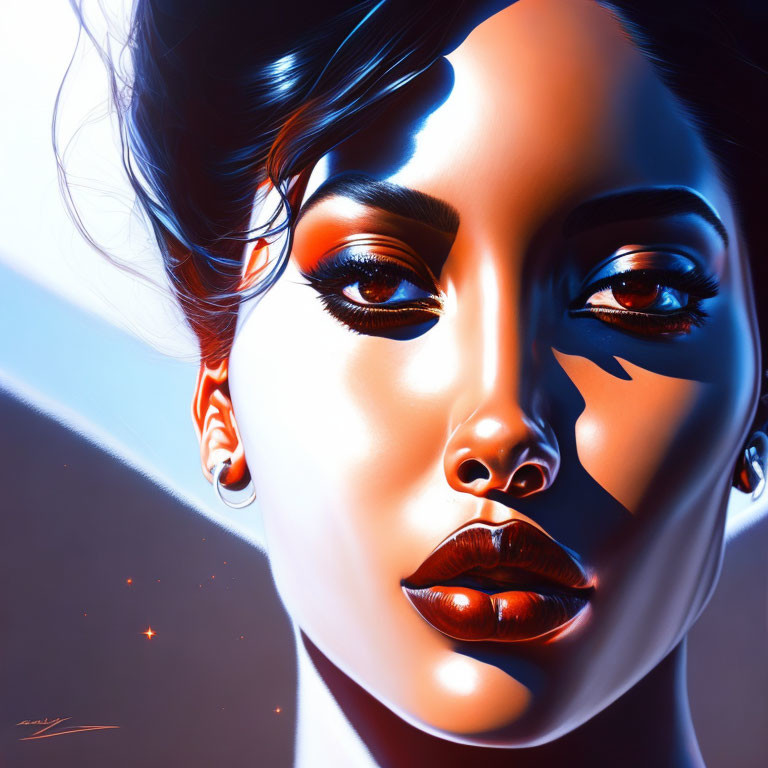 Colorful Digital Portrait of Woman with Sharp Features and Stylized Lips