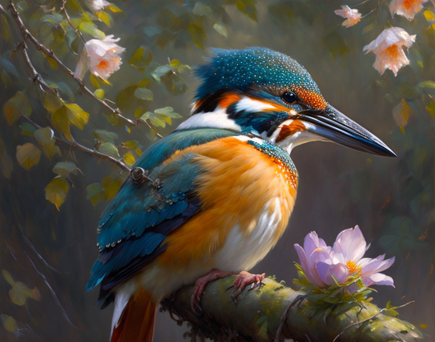 Colorful kingfisher on branch with pink blossoms and water droplets