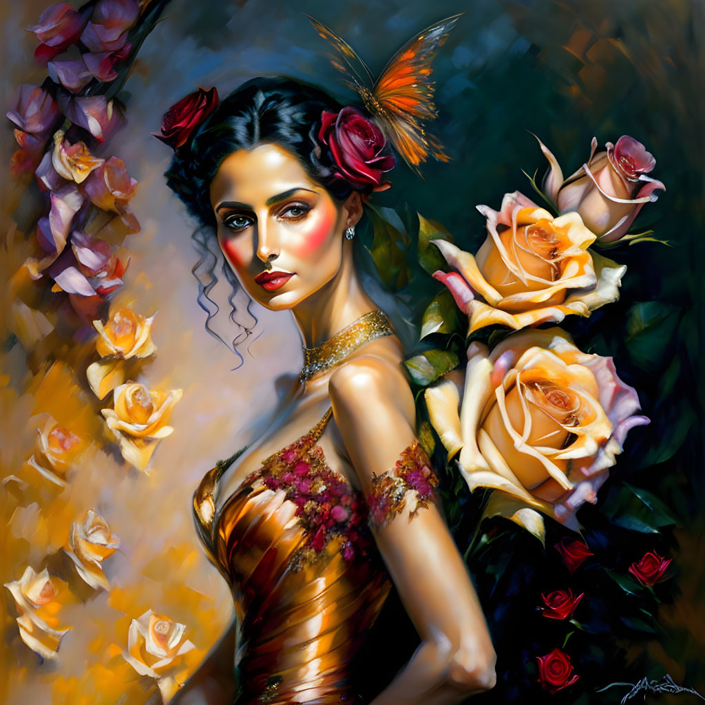 Woman with Dark Hair Adorned with Roses and Butterfly in Golden Dress surrounded by Vibrant Roses