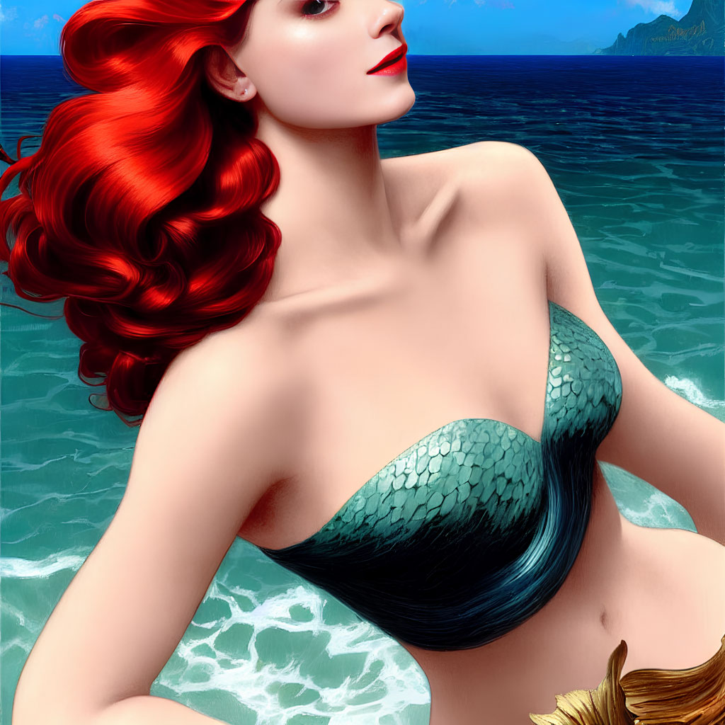 Vibrant red-haired mermaid with green scales in ocean waves