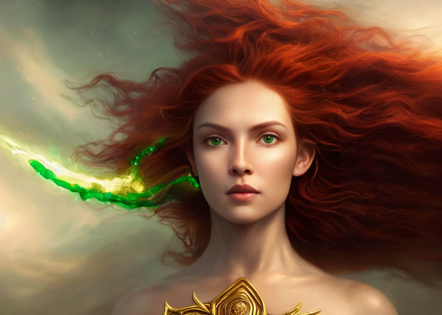 Digital painting: Woman with flowing red hair and green eyes in mystical green light