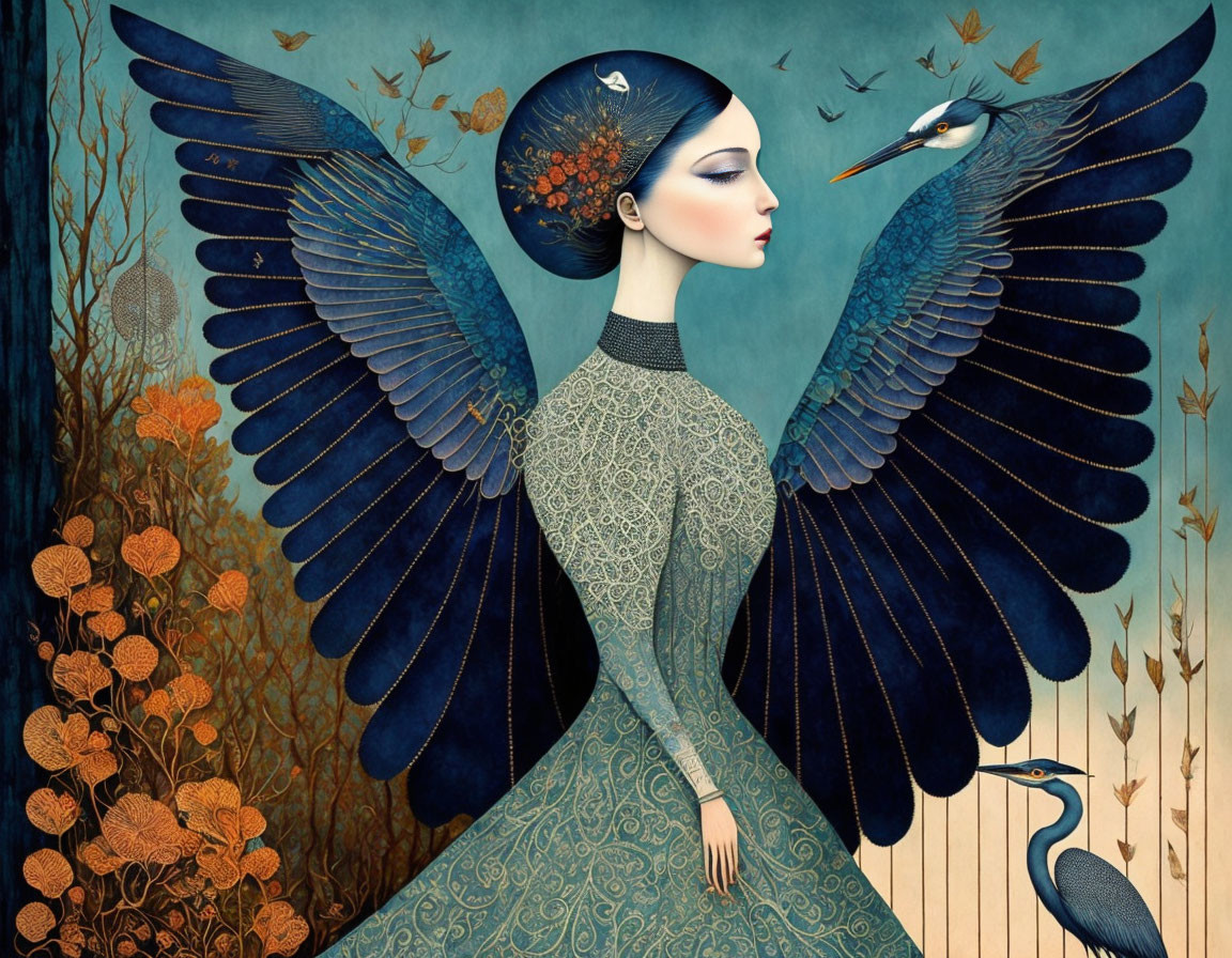 Illustration of woman with bird-like features and blue wings in natural setting