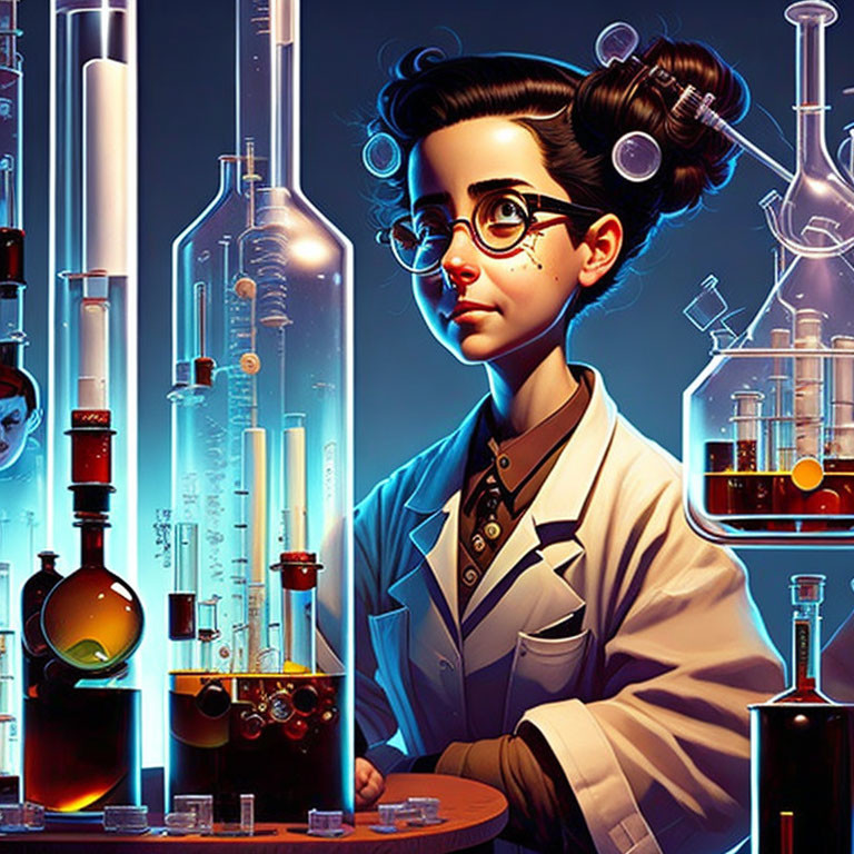 Young Female Scientist Surrounded by Colorful Laboratory Glassware