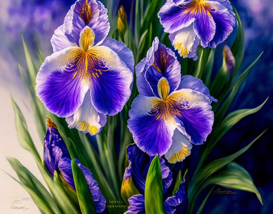 Colorful purple and yellow irises on blurred blue backdrop