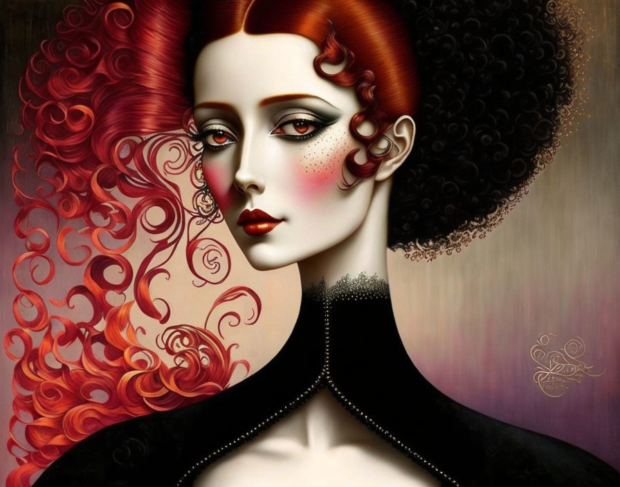 Illustrated portrait of pale woman with red curly hair and freckles in black outfit