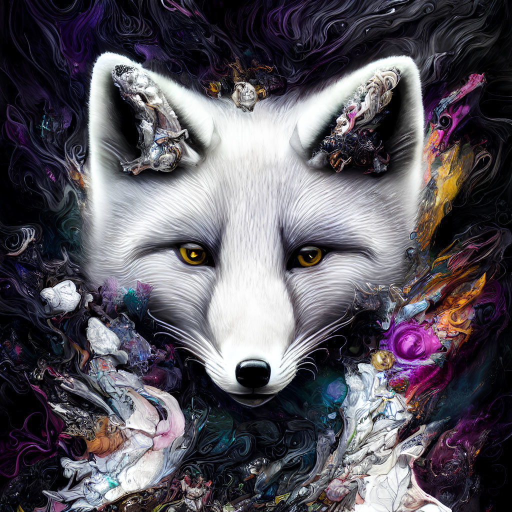 White Fox Face with Yellow Eyes Surrounded by Cosmic Colors