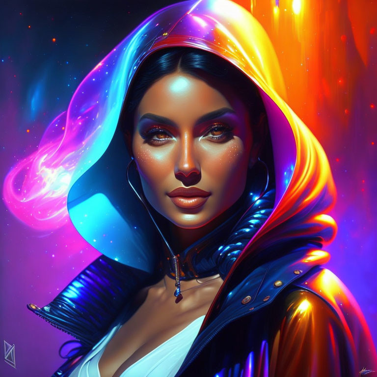 Digital art portrait of woman in futuristic attire against vibrant cosmic background