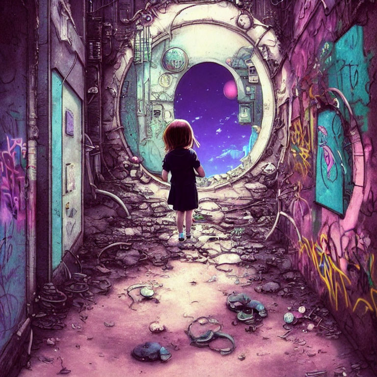 Young girl in black dress at graffiti alleyway with glowing portal to starry sky and distant planet