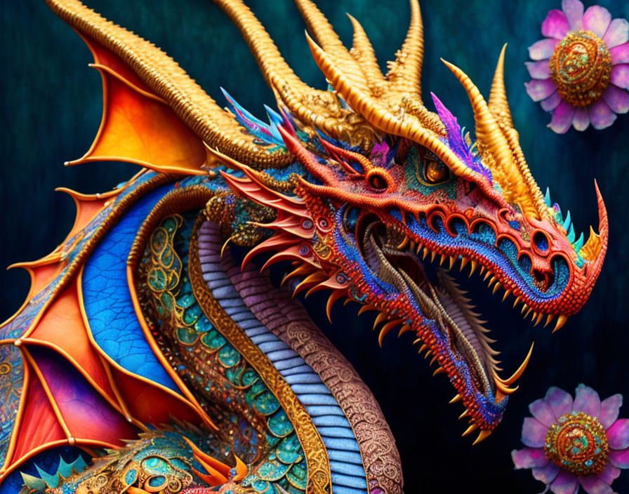 Colorful dragon illustration with intricate scales and horns on dark background with pink lotus.