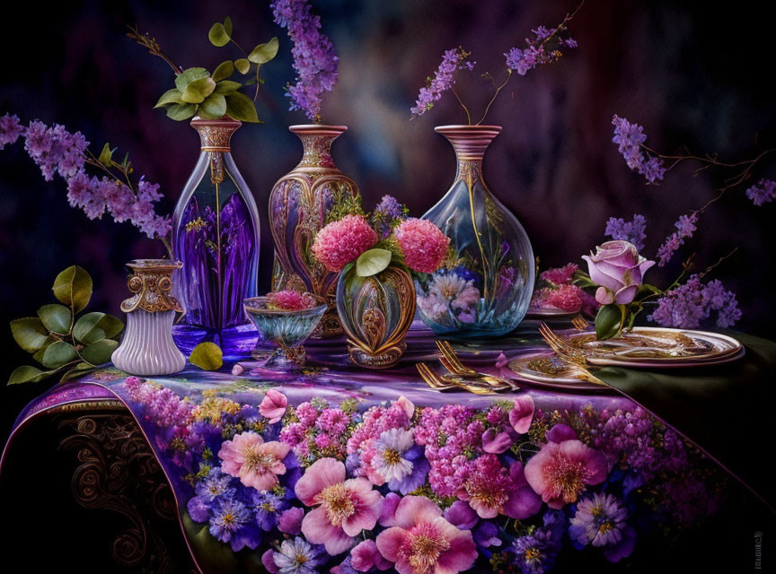 Elegant Still Life: Vases, Pink and Purple Flowers, Gold Cutlery