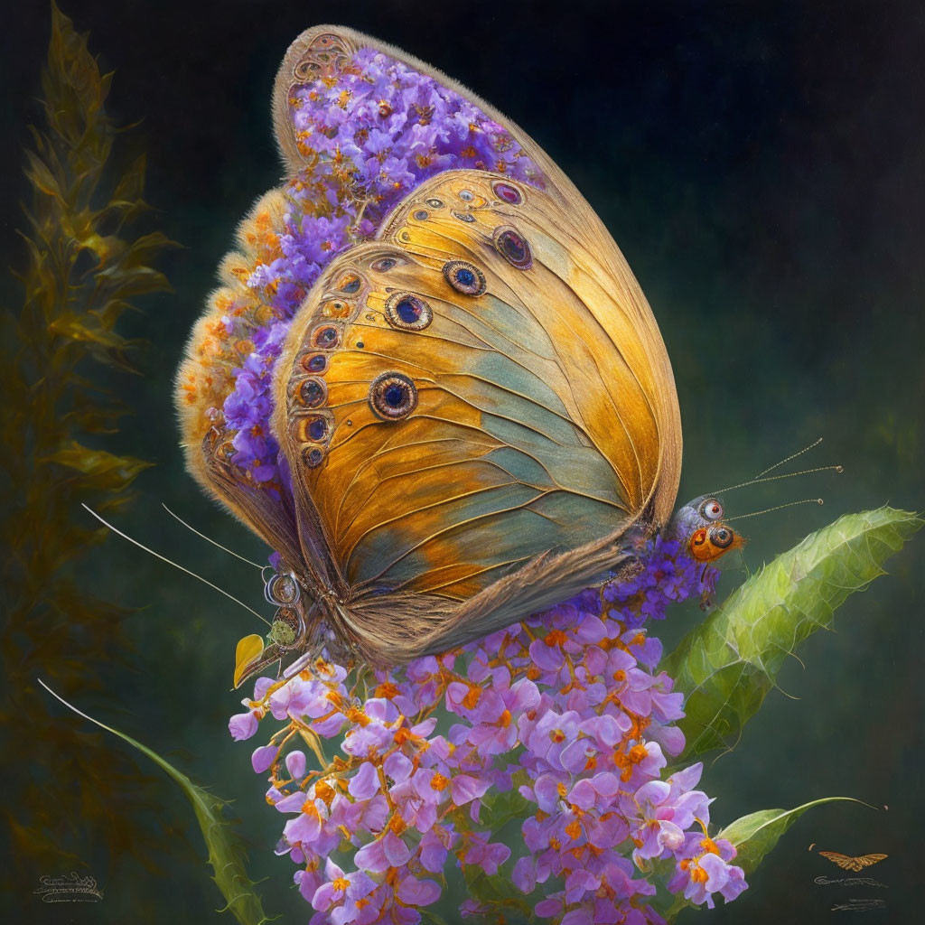 Detailed painting of butterfly on purple flowers with intricate wing patterns