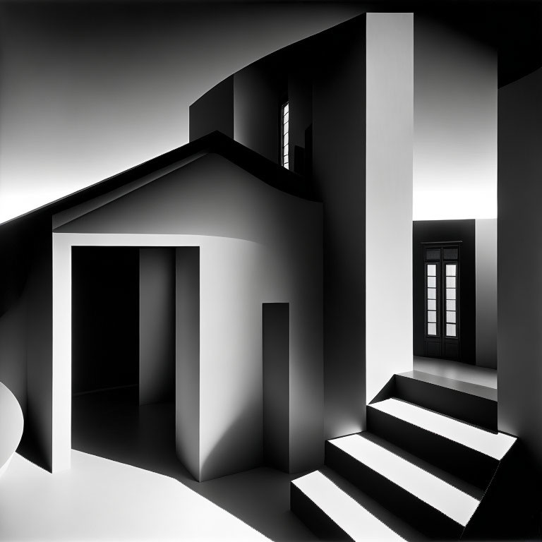 Minimalist Monochrome Interior with Geometric Shapes and Staircase