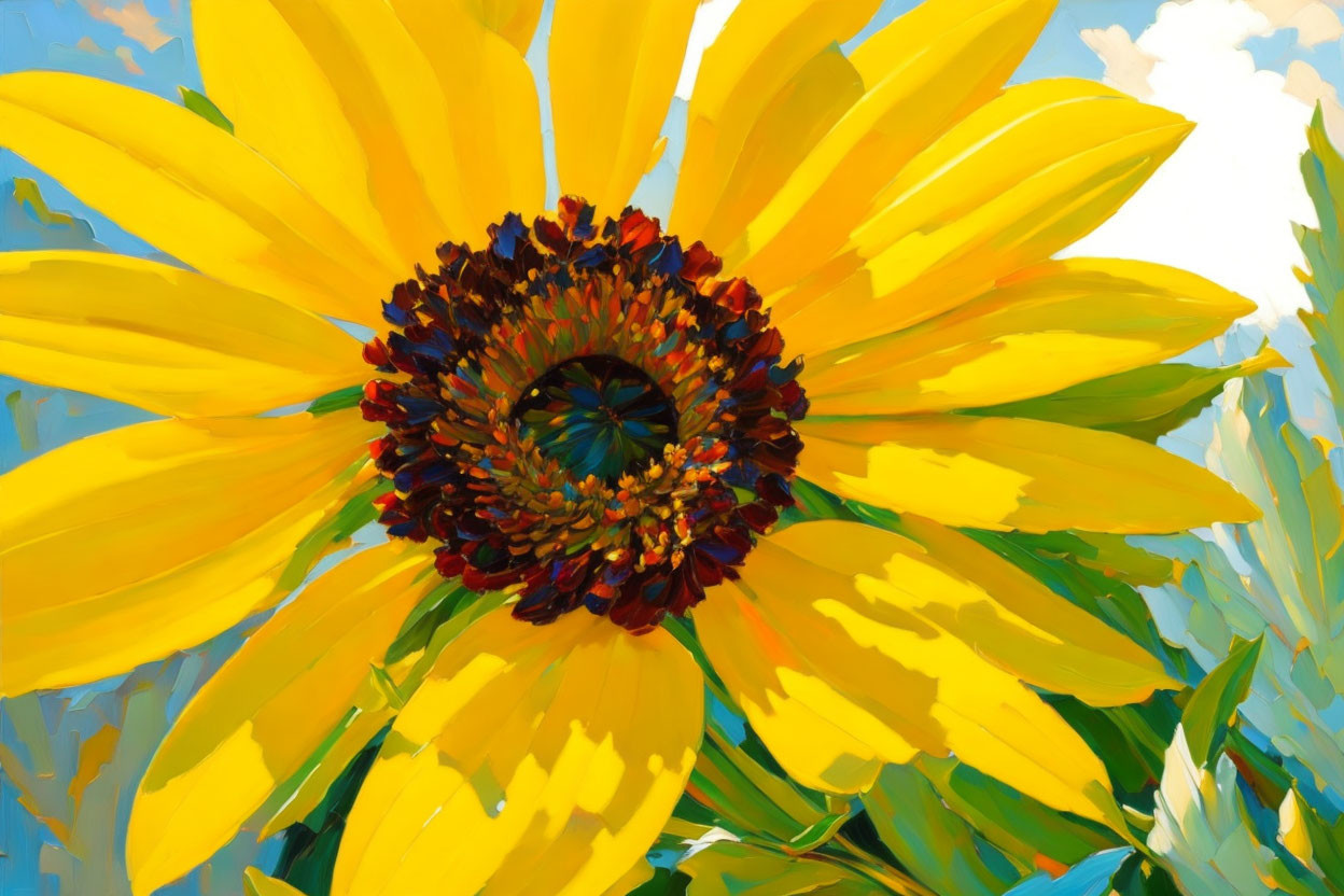 Close-up Painting: Bright Yellow Sunflower on Sky Blue Background