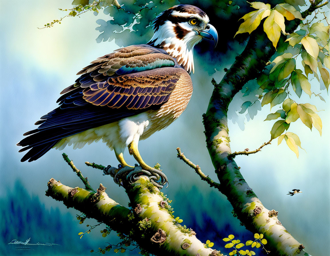 Detailed Osprey Perched on Branch with Vibrant Green Leaves