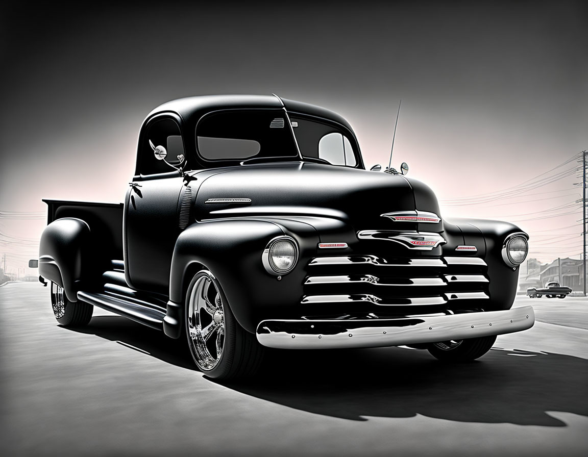 Vintage Black Pickup Truck with Glossy Finish and Chrome Details Against Foggy Backdrop