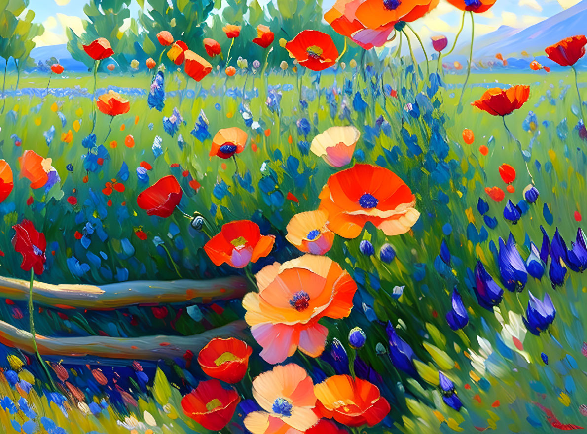 Colorful Flower Field Painting with Poppies and Wildflowers