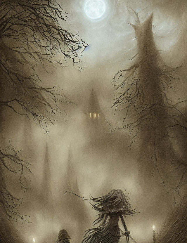 Dark forest scene with full moon, bare trees, glowing eyes, and cloaked figure.