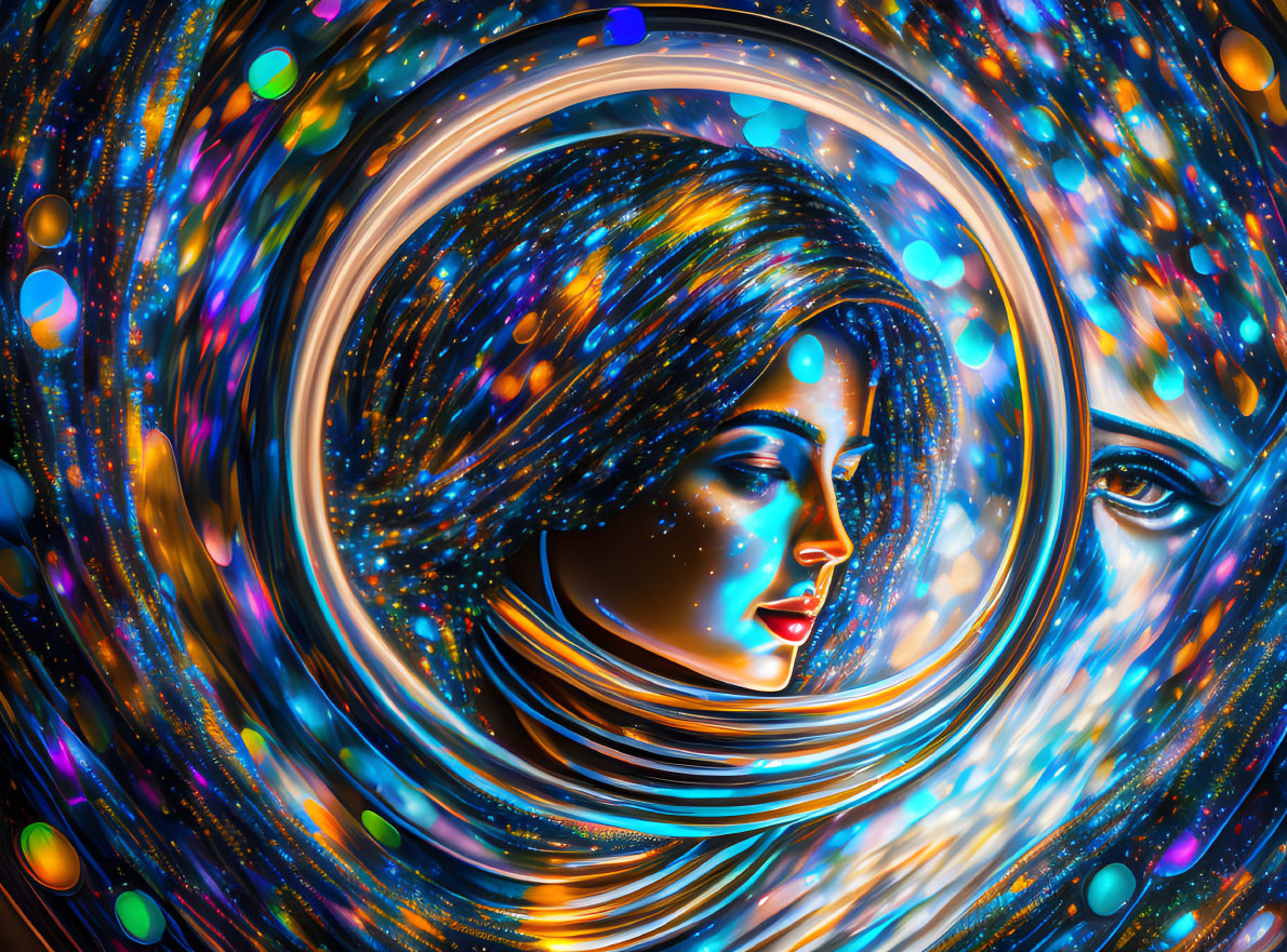 Colorful digital artwork: Two profile faces on cosmic backdrop with swirling patterns.