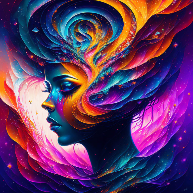 Abstract woman's profile blending into cosmic stars and colors