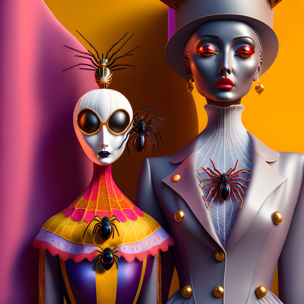 Stylized figures with mannequin-like features in avant-garde outfits on vibrant backdrop