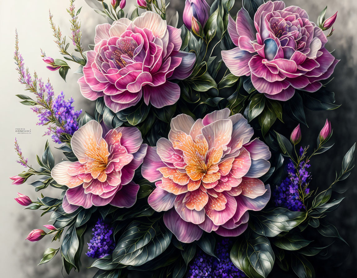 Detailed Pink and Peach Flower Bouquet with Dark Green Foliage