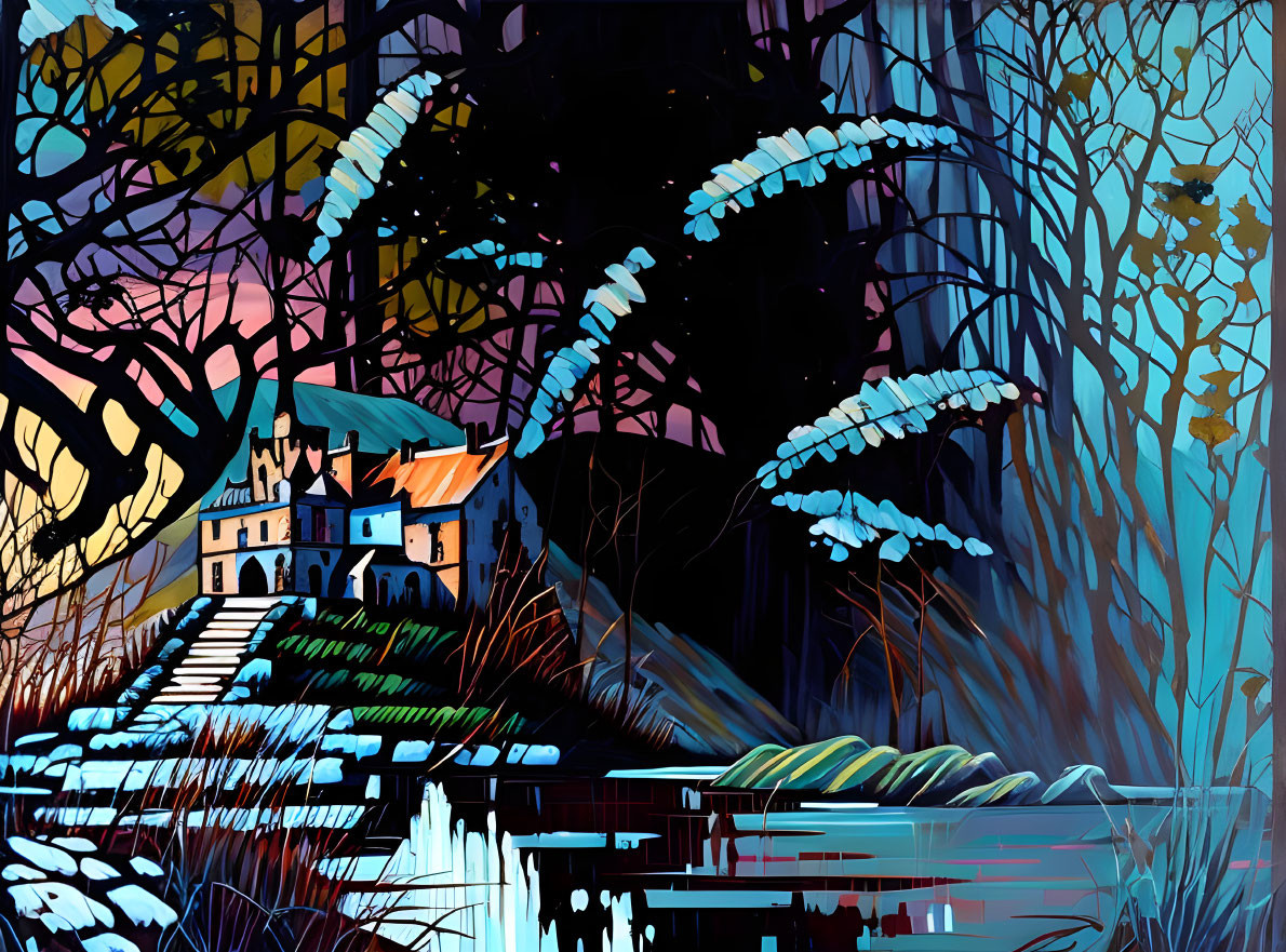 Colorful illustration of house by lake at dusk with trees and gradient sky