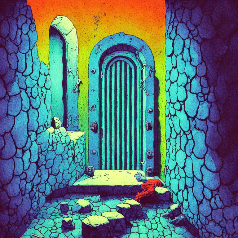 Colorful illustration: Stone dungeon room with blue arched door, yellow-orange light, and red cloth