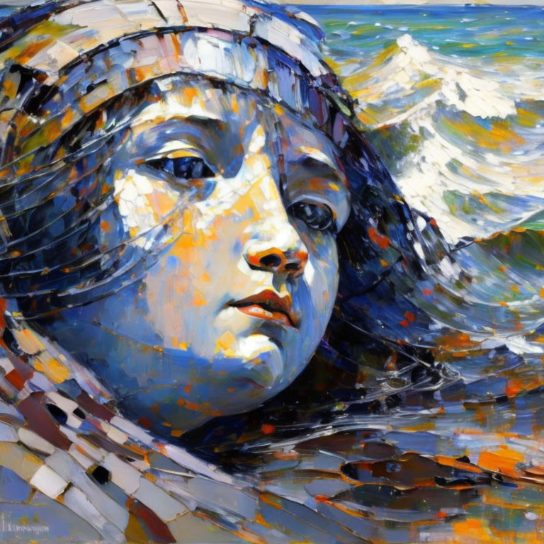 Vivid expressionistic painting of young girl with headband against abstract swirling blues and whites