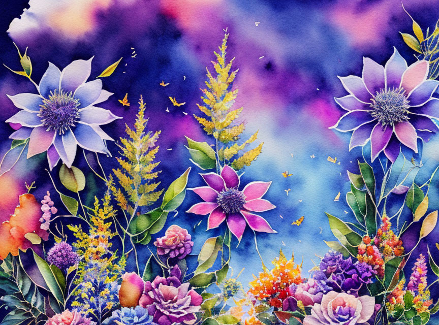 Colorful Watercolor Painting of Blossoming Flowers