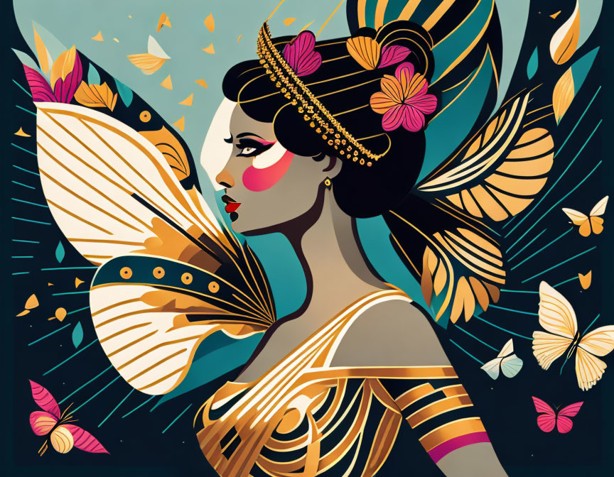 Colorful Stylized Woman with Butterfly Wings and Decorative Patterns