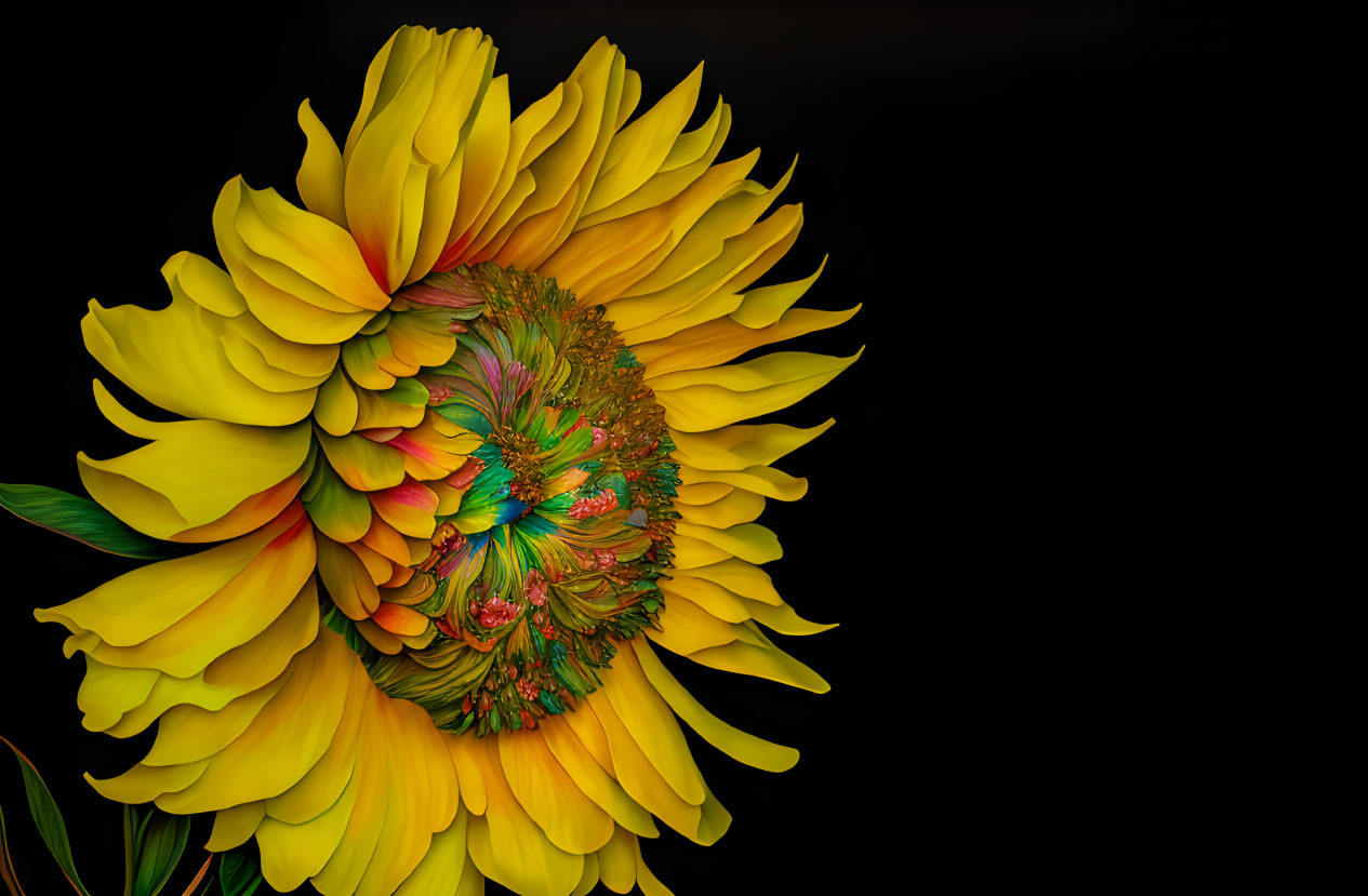 Colorful digital art: Sunflower with fractal patterns & peacock colors