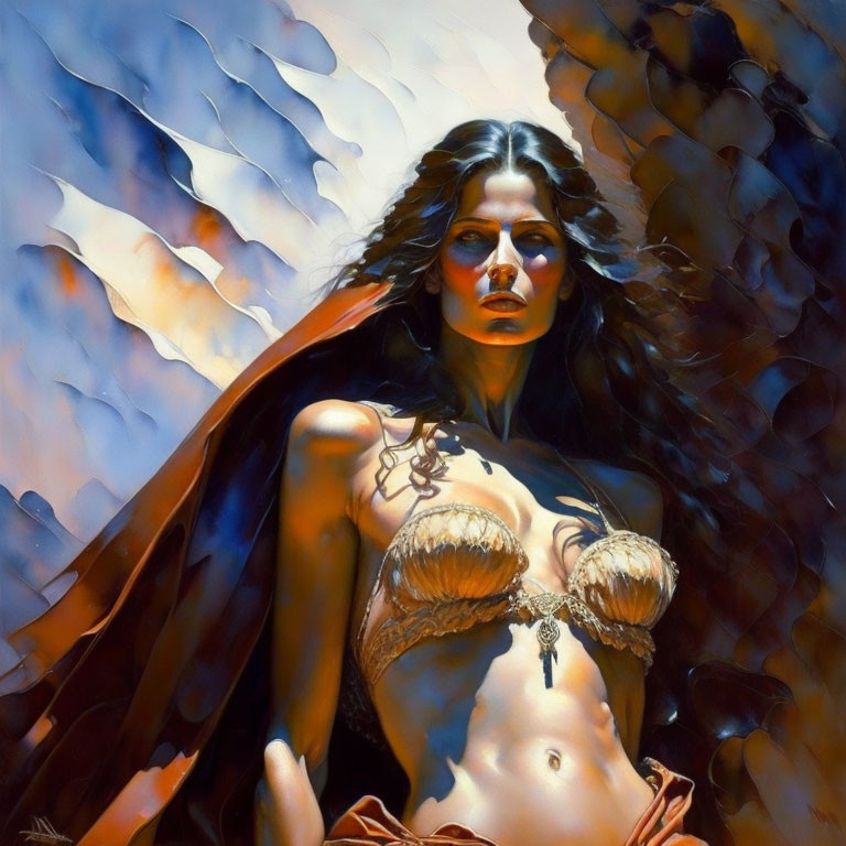 Fantasy-themed painting of majestic woman in shell bra and cape amid contrasting colors