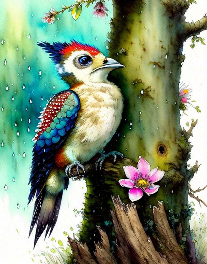 Colorful bird with blue crest perched near pink flower in rain.