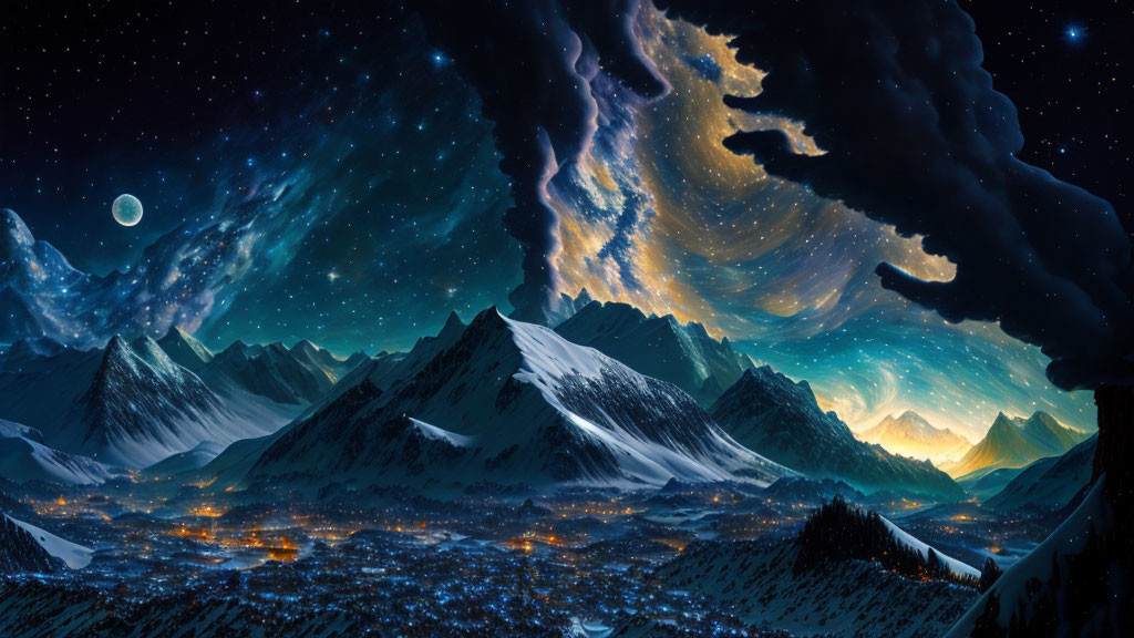 Digital Art: Starry Night Sky over Snowy Mountain Village