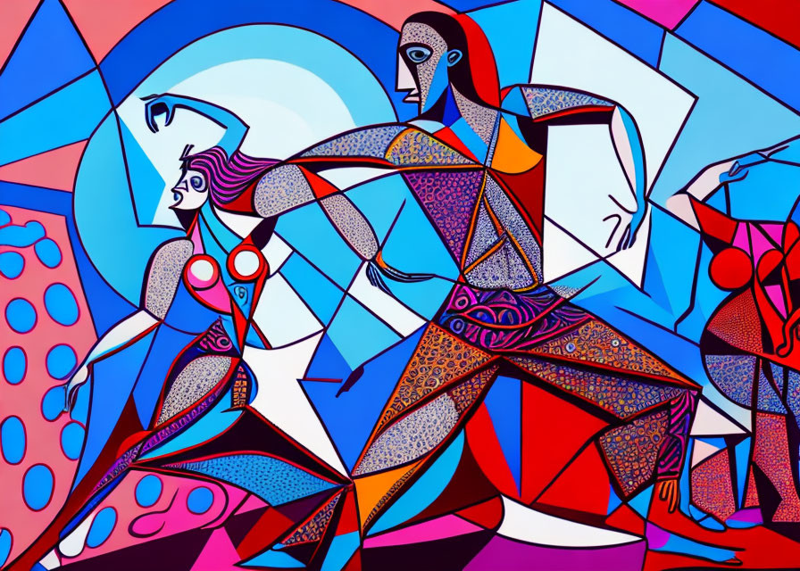 Vibrant Cubist artwork with two dynamic human figures and abstract patterns