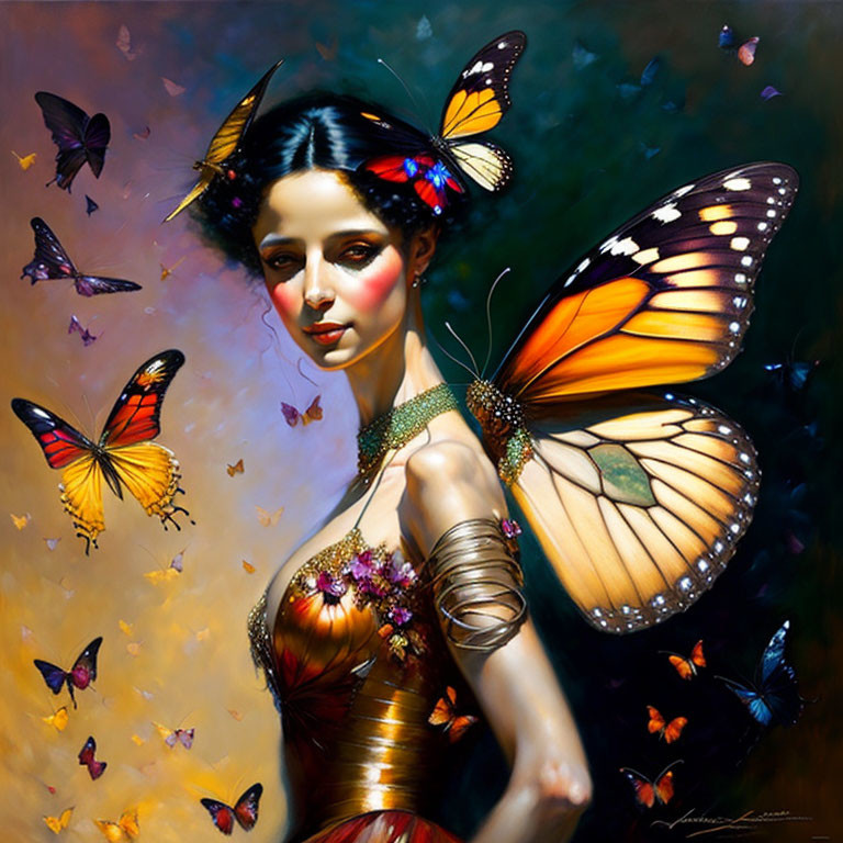 Colorful artwork of woman with butterfly wings and butterflies on warm background